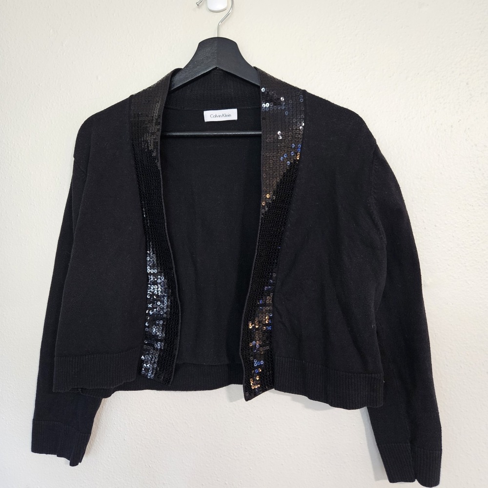 Calvin Klein Cropped Sequin Cardigan 3/4 Sleeve Black Sweater Open Womens M